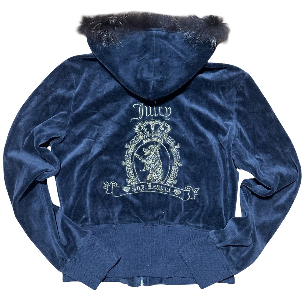 Y2K Vintage Juicy Couture Velour Hoodie Jacket Fur Trim Crest L (Fits S/M) - Picture 1 of 11